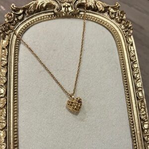 Vintage Gold Tone Heart Pendant Necklace With Red Stone And White Bead Inside